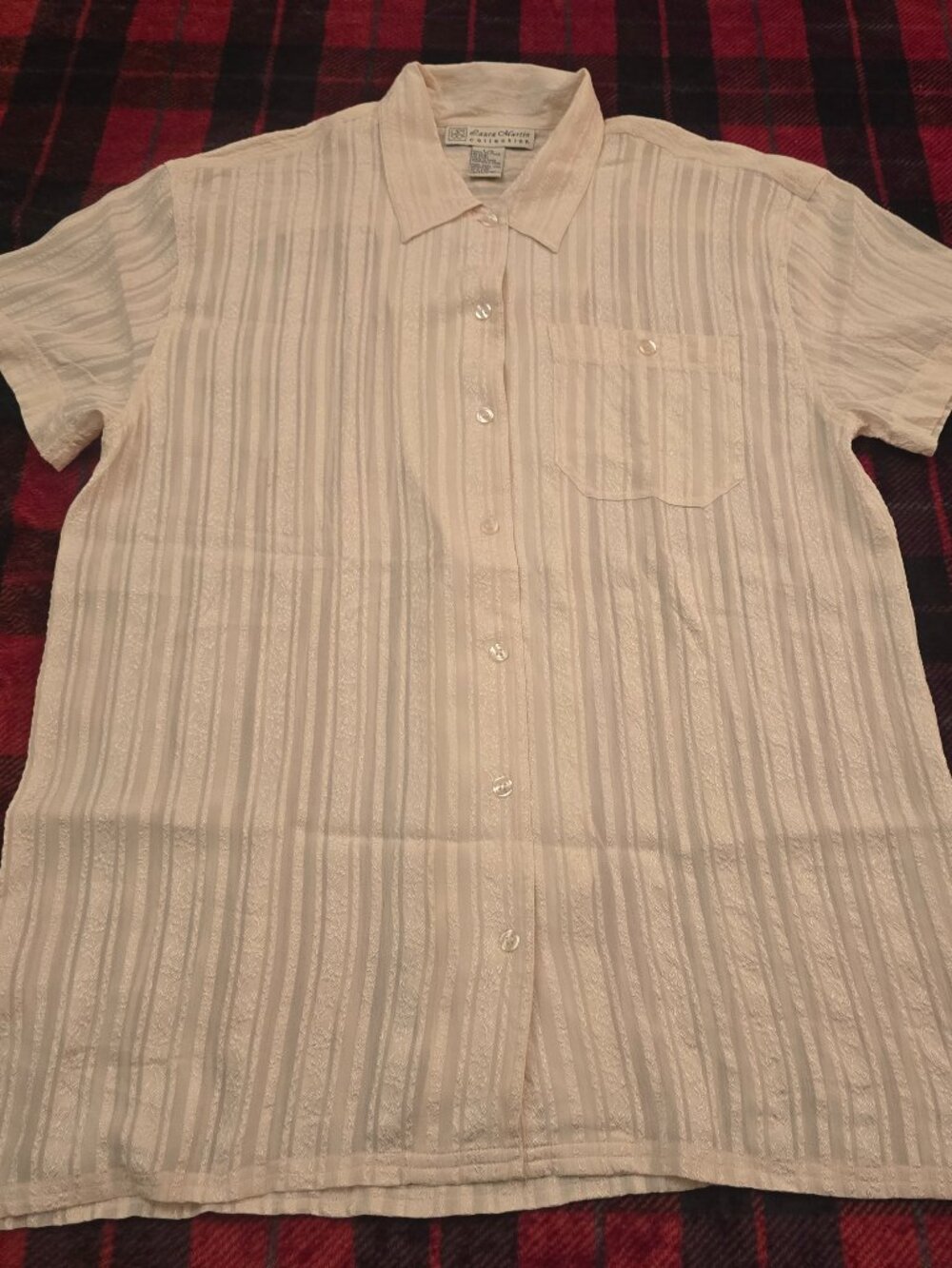 Vintage Laura Martin 100% Silk Cream Floral Sheer Jacquard Shirt L